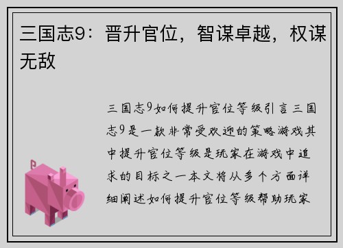 三国志9：晋升官位，智谋卓越，权谋无敌