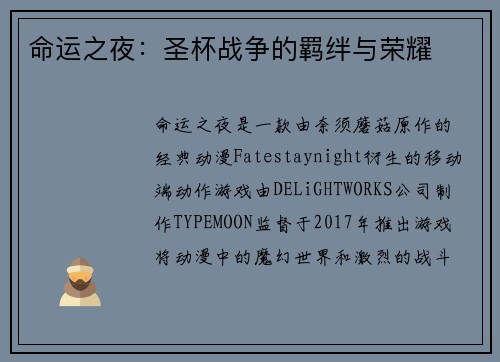 命运之夜：圣杯战争的羁绊与荣耀